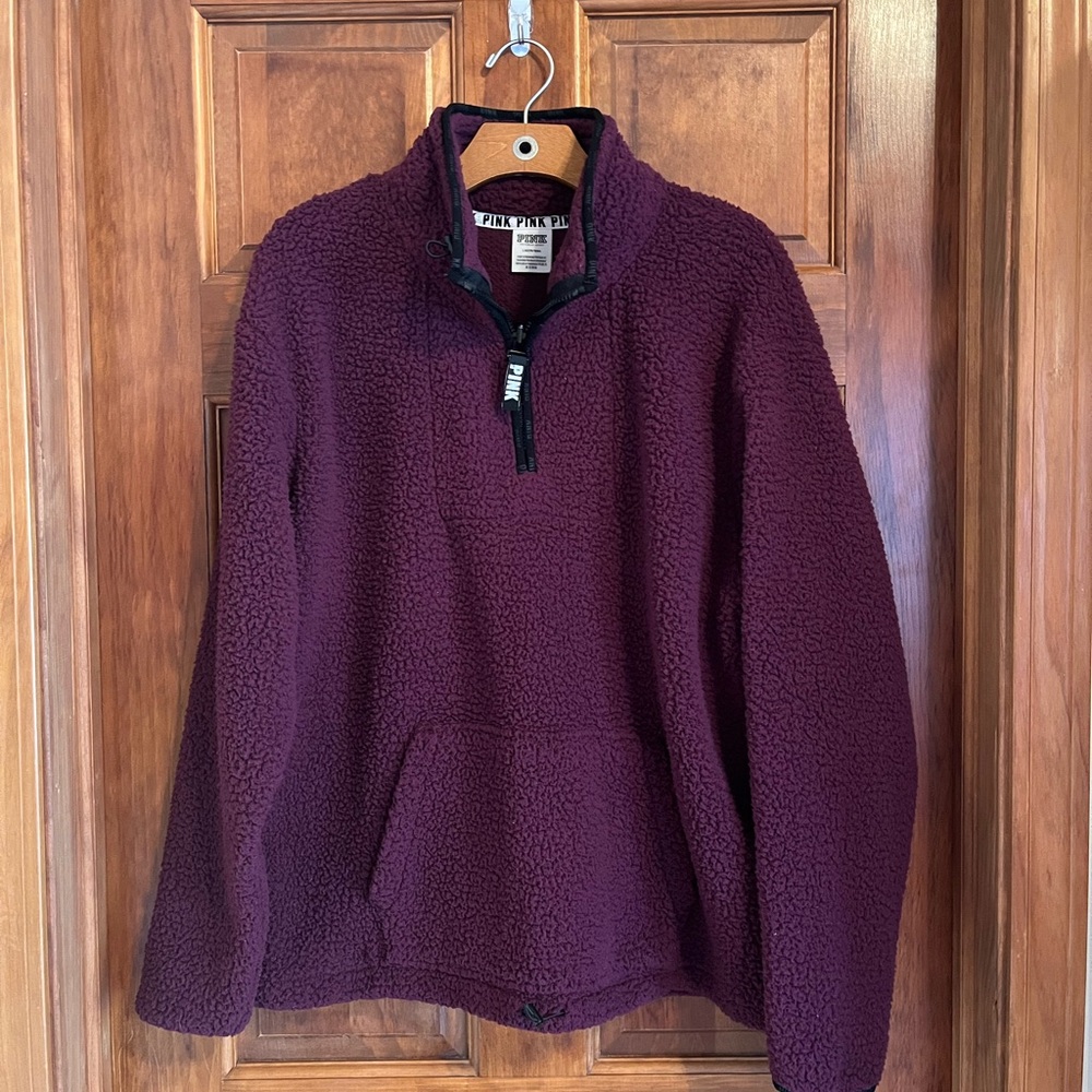 PINK Victoria's Secret Women’s Quarter Zip Burgundy Sherpa